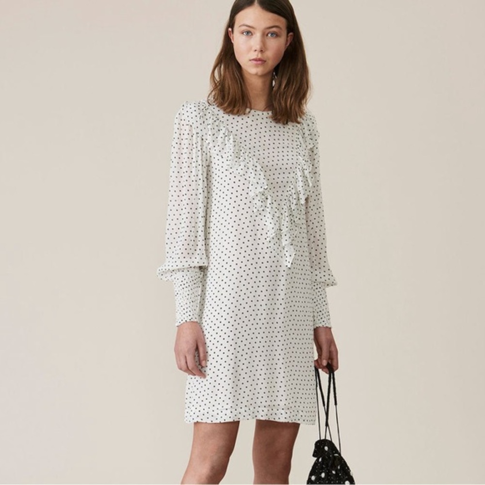 Ganni Rometty Georgette White Polka‎ Dot Long Sleeve Mini Dress